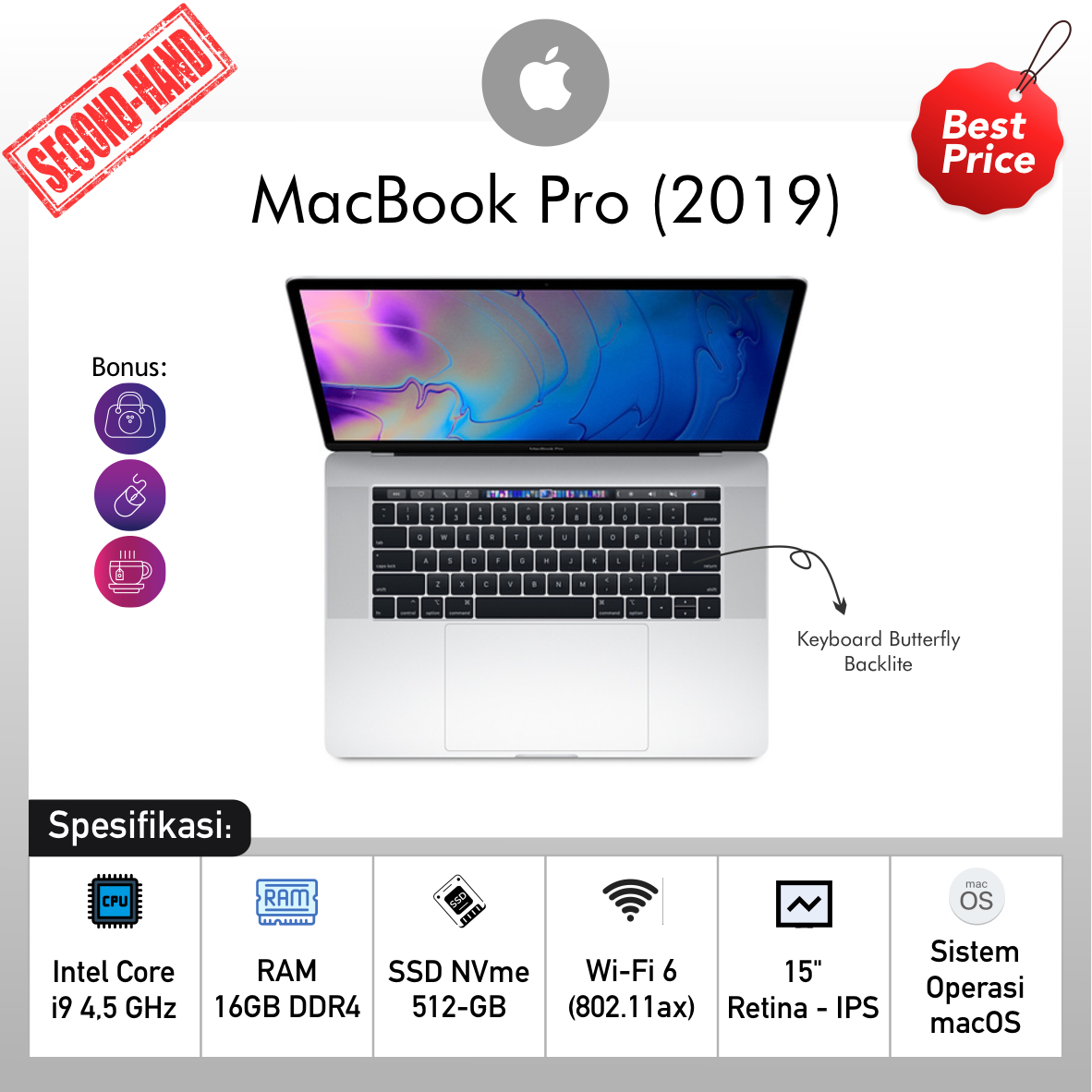 MacBook Pro 2019 Intel Core-i9 RAM 16GB DDR4 SSD 512GB Layar Retina 15,4" Grade A 95%
